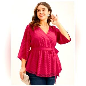 NWT Bloomchic Red Chevron Mesh Surplice Neck Belted Blouse